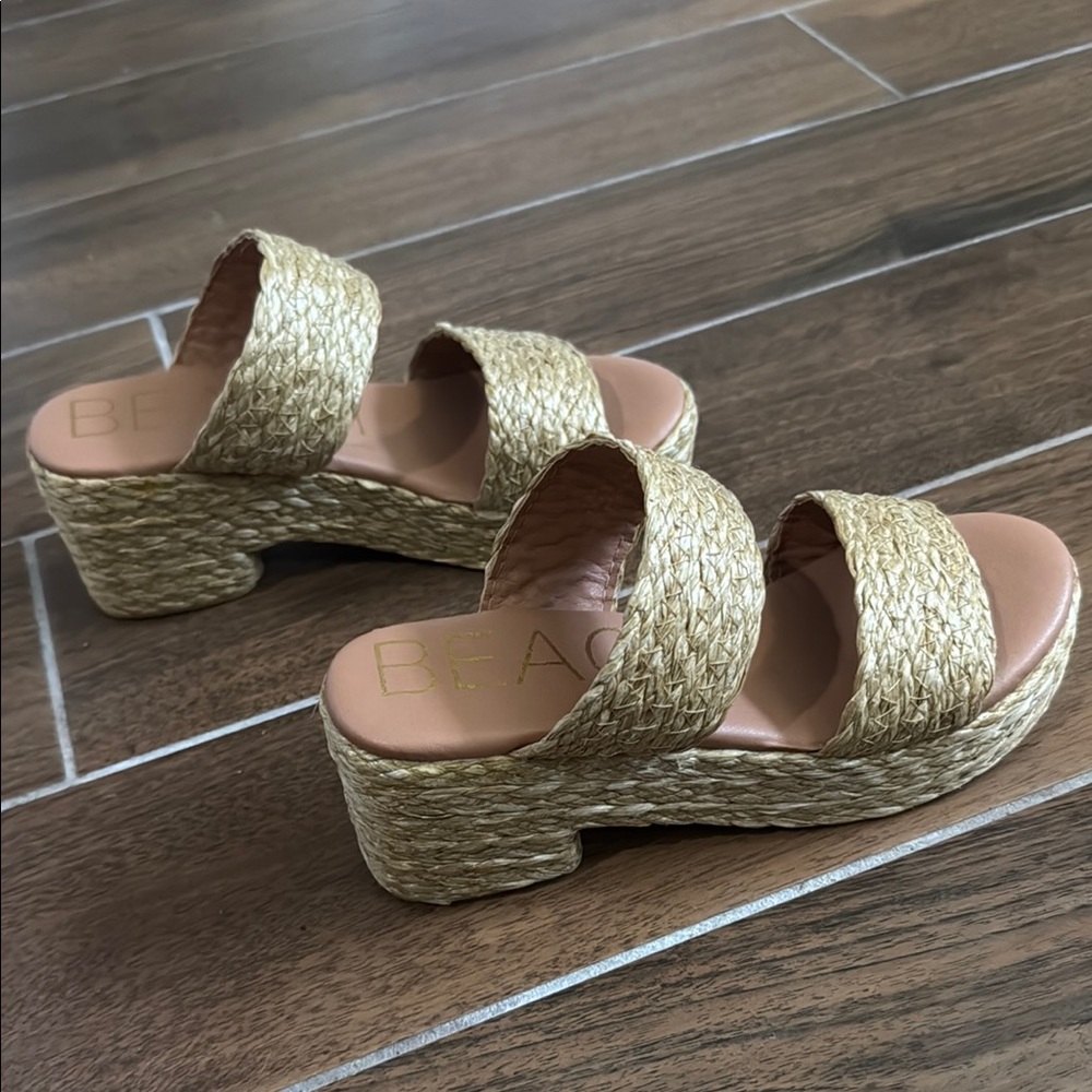 Tan Espadrille Platform Shoes with Woven Straps